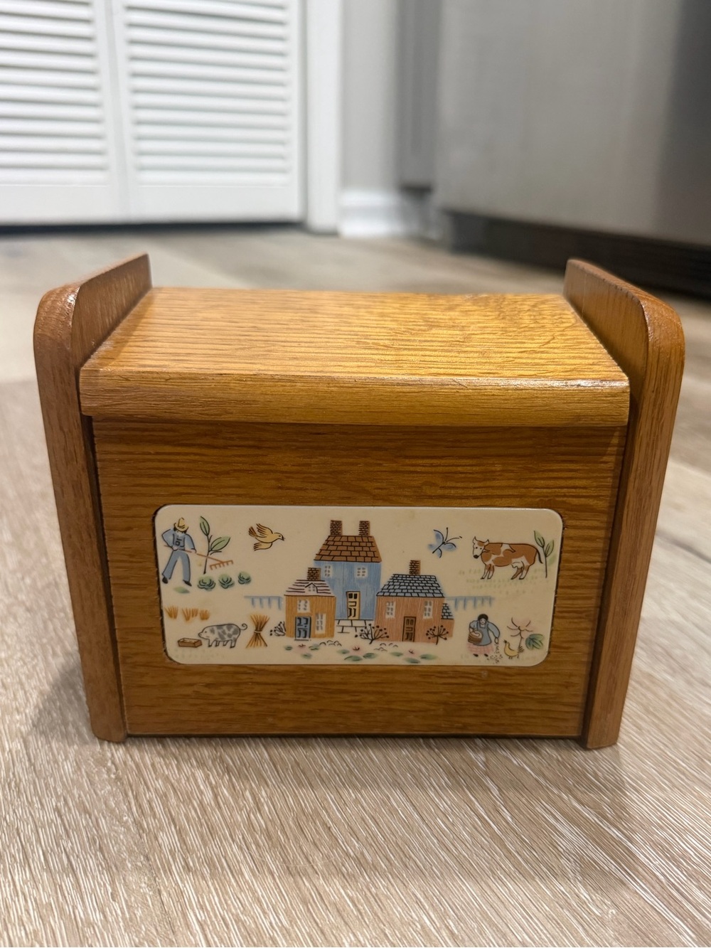 VTG Wood Recipe Box Kitchen Decor Good Wood Inlaid Tile Heartland Pattern